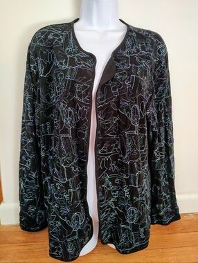 Chicos Travelers Open Cardigan Women's Size 3 Black Blue Green
